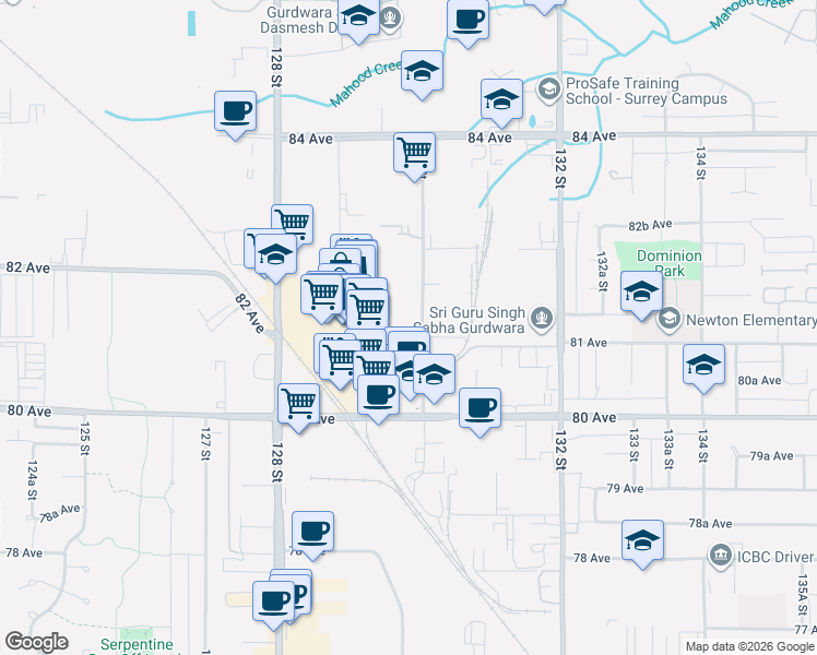 map of restaurants, bars, coffee shops, grocery stores, and more near 8145 130 Street in Surrey