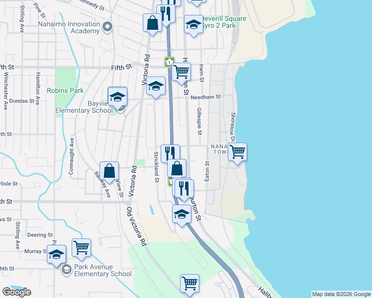 map of restaurants, bars, coffee shops, grocery stores, and more near 702 Haliburton Street in Nanaimo
