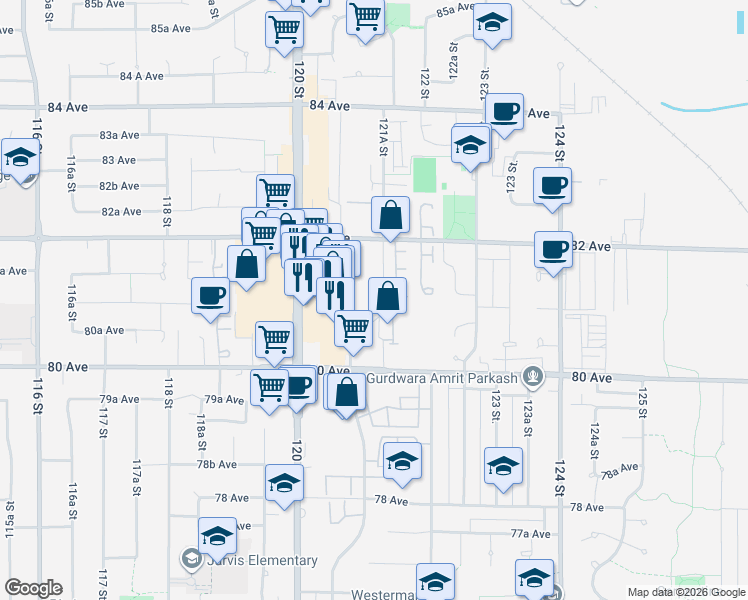map of restaurants, bars, coffee shops, grocery stores, and more near in Surrey