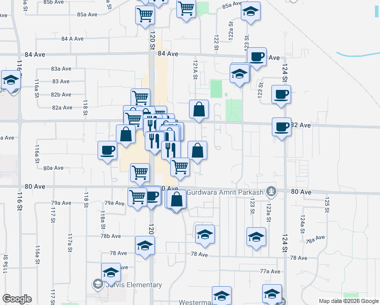 map of restaurants, bars, coffee shops, grocery stores, and more near 8115 121A Street in Surrey