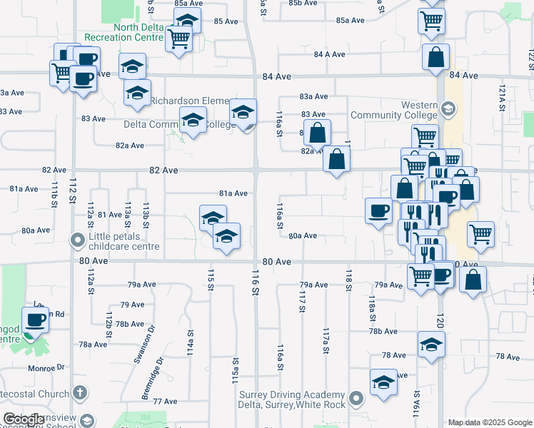 map of restaurants, bars, coffee shops, grocery stores, and more near 8112 116 Street in Delta