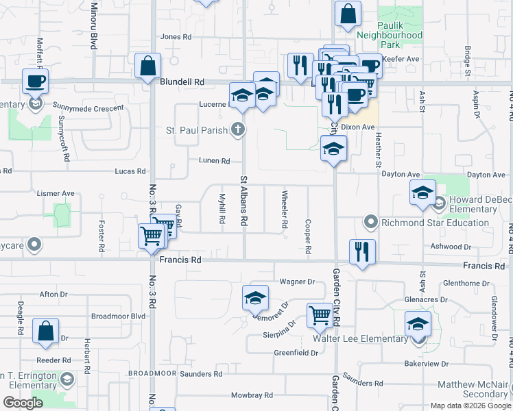 map of restaurants, bars, coffee shops, grocery stores, and more near in Richmond
