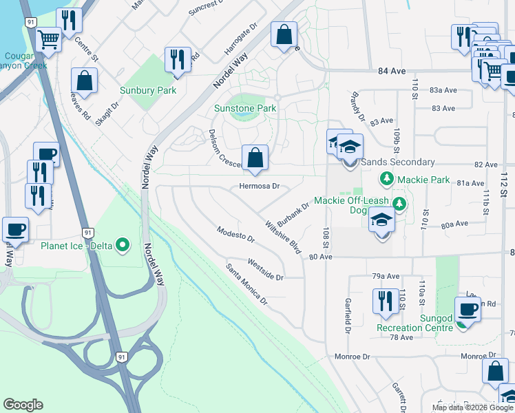 map of restaurants, bars, coffee shops, grocery stores, and more near 10637 Ramona Way in Delta