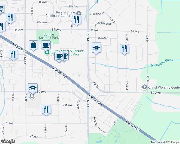 map of restaurants, bars, coffee shops, grocery stores, and more near 8136 168 Street in Surrey