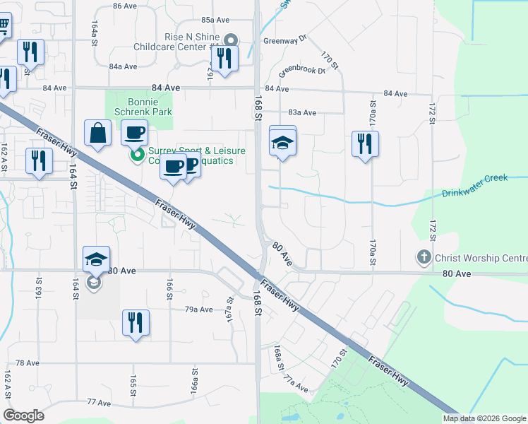 map of restaurants, bars, coffee shops, grocery stores, and more near in Surrey