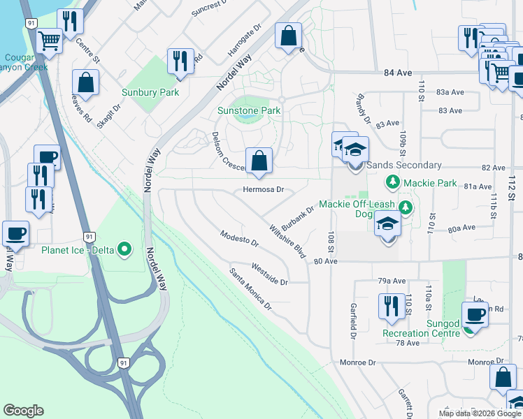 map of restaurants, bars, coffee shops, grocery stores, and more near 10637 Ramona Way in Delta