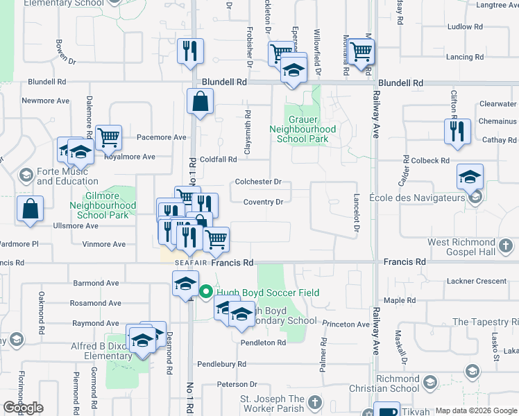 map of restaurants, bars, coffee shops, grocery stores, and more near 4340 Coventry Drive in Richmond