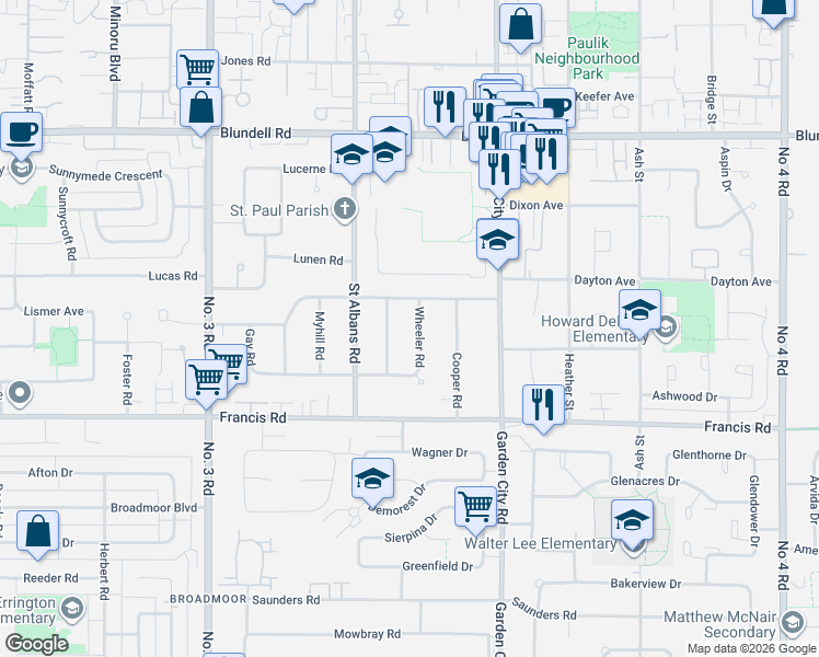 map of restaurants, bars, coffee shops, grocery stores, and more near 8777 Wheeler Road in Richmond