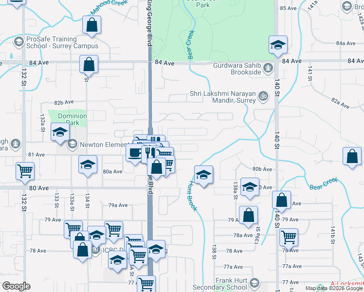 map of restaurants, bars, coffee shops, grocery stores, and more near 8130 136A Street in Surrey