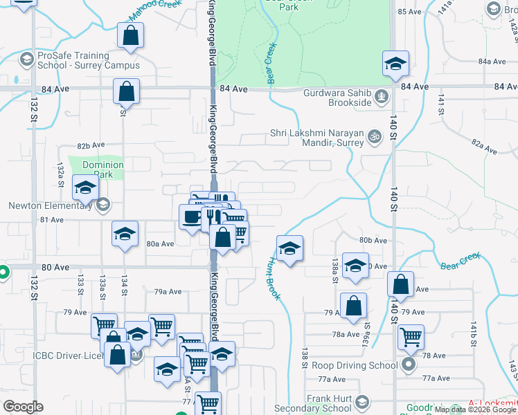 map of restaurants, bars, coffee shops, grocery stores, and more near 8130 136A Street in Surrey