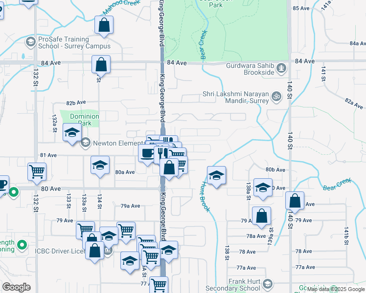 map of restaurants, bars, coffee shops, grocery stores, and more near 8130 136A Street in Surrey