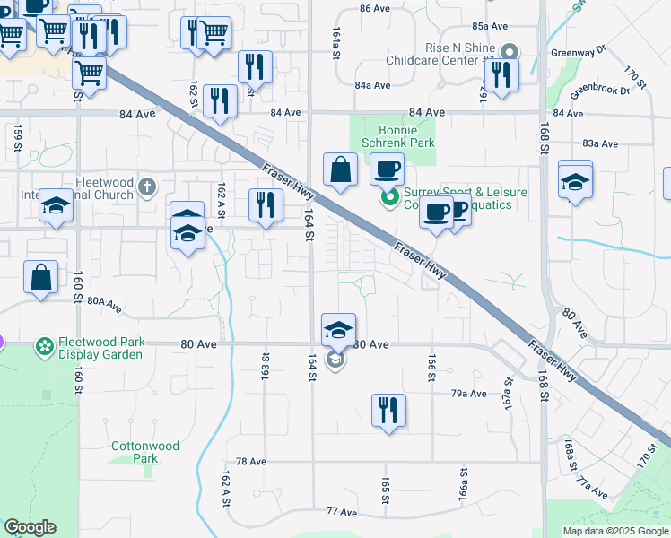 map of restaurants, bars, coffee shops, grocery stores, and more near 16433 Watson Drive in Surrey