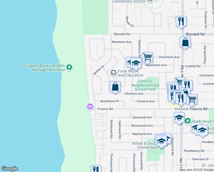 map of restaurants, bars, coffee shops, grocery stores, and more near 8551 Fairway Road in Richmond
