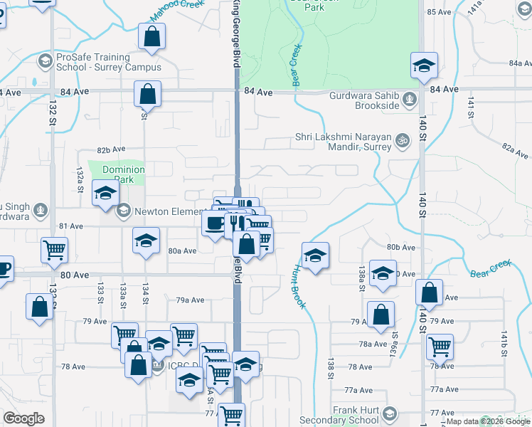 map of restaurants, bars, coffee shops, grocery stores, and more near 8130 136A Street in Surrey