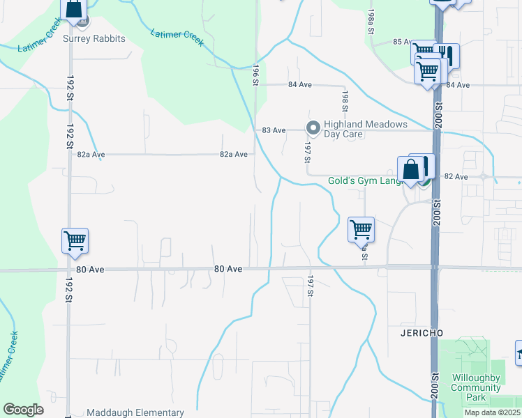map of restaurants, bars, coffee shops, grocery stores, and more near 8155 197 Street in Langley City