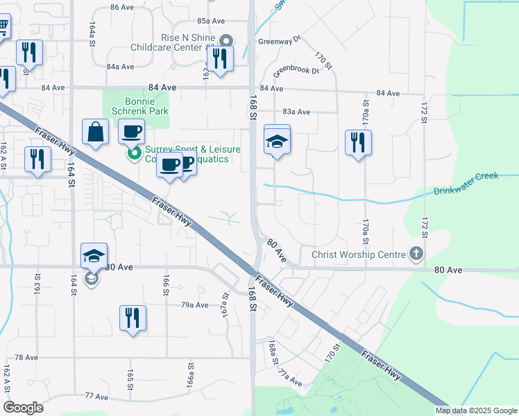 map of restaurants, bars, coffee shops, grocery stores, and more near 8120 168 Street in Surrey