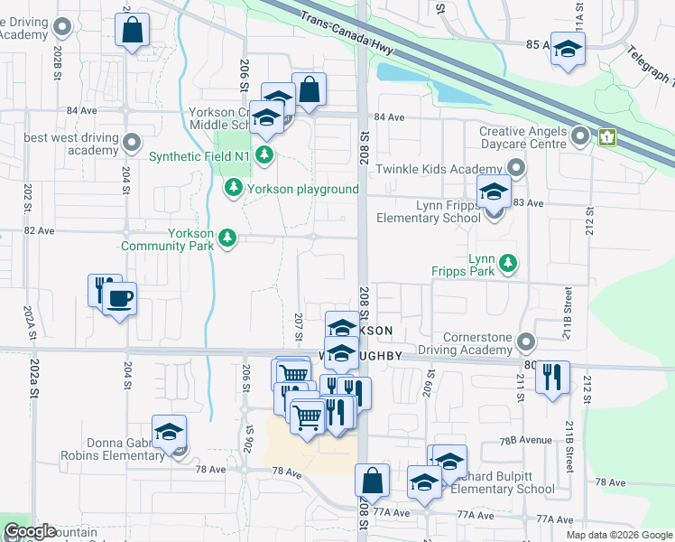 map of restaurants, bars, coffee shops, grocery stores, and more near in Langley Township