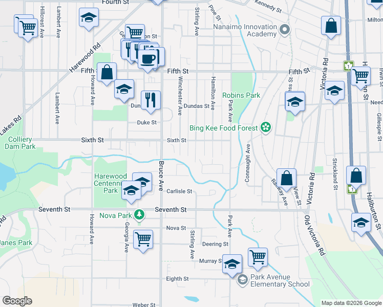map of restaurants, bars, coffee shops, grocery stores, and more near 709 Stirling Avenue in Nanaimo