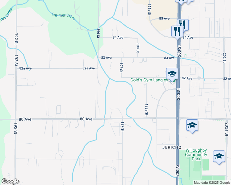 map of restaurants, bars, coffee shops, grocery stores, and more near 8155 197 Street in Langley Township