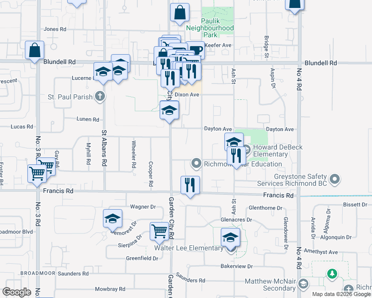 map of restaurants, bars, coffee shops, grocery stores, and more near 8711 Myron Court in Richmond