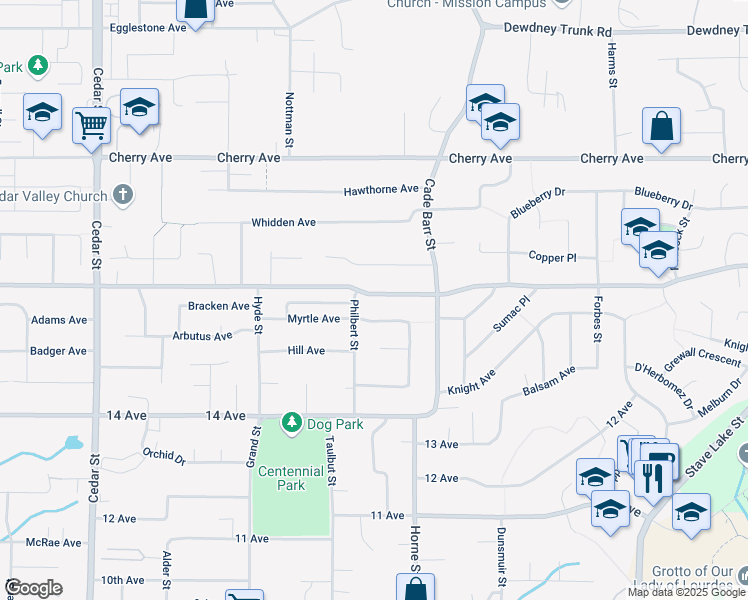 map of restaurants, bars, coffee shops, grocery stores, and more near 33219 Best Avenue in Mission