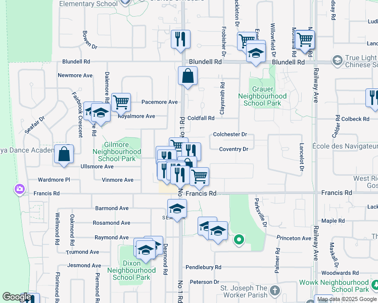 map of restaurants, bars, coffee shops, grocery stores, and more near 8820 Number 1 Road in Richmond
