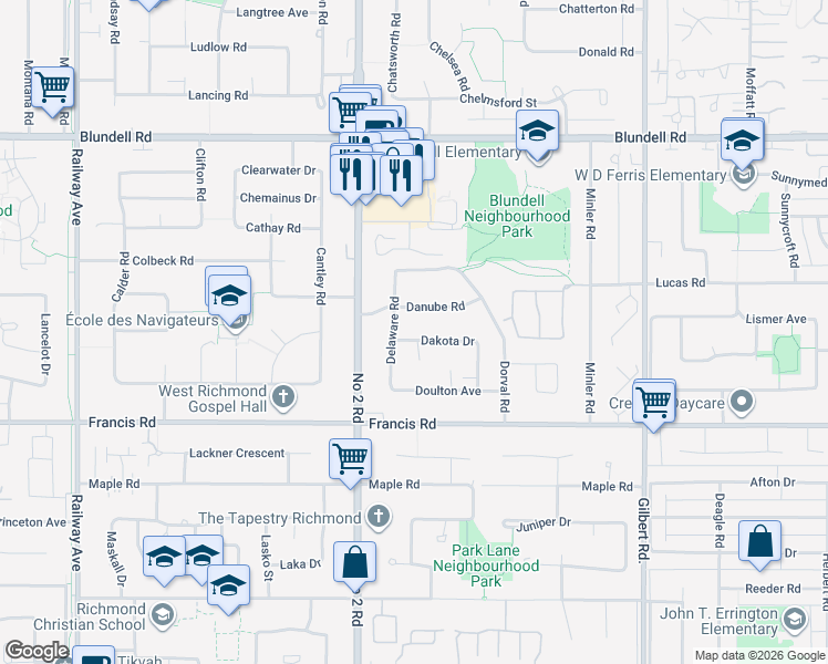 map of restaurants, bars, coffee shops, grocery stores, and more near 6171 Dakota Drive in Richmond
