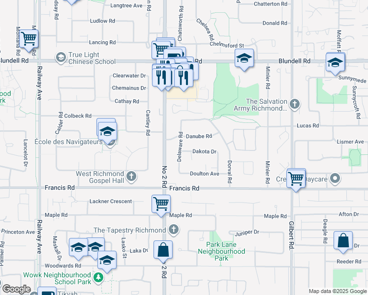 map of restaurants, bars, coffee shops, grocery stores, and more near 8480 Delaware Road in Richmond