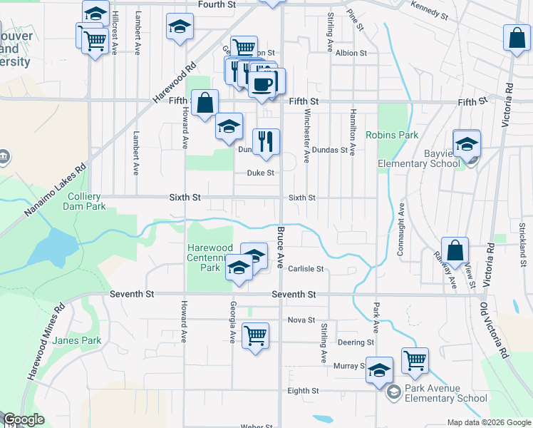 map of restaurants, bars, coffee shops, grocery stores, and more near 501 Sixth Street in Nanaimo