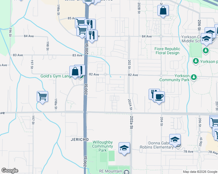 map of restaurants, bars, coffee shops, grocery stores, and more near 20134 81A Avenue in Langley Township