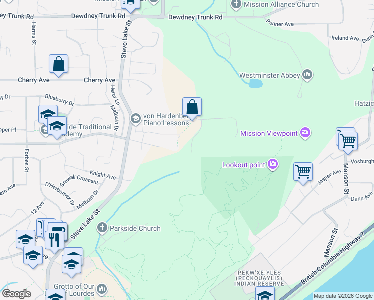 map of restaurants, bars, coffee shops, grocery stores, and more near 34056 Best Avenue in Mission