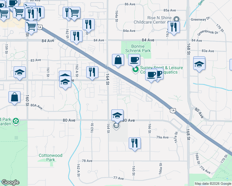 map of restaurants, bars, coffee shops, grocery stores, and more near in Surrey