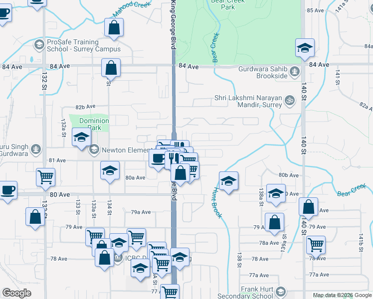 map of restaurants, bars, coffee shops, grocery stores, and more near in Surrey