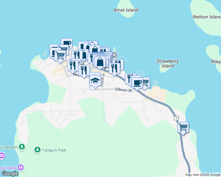 map of restaurants, bars, coffee shops, grocery stores, and more near 565 Campbell Street in Tofino