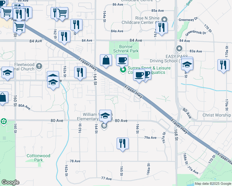 map of restaurants, bars, coffee shops, grocery stores, and more near 16525 Watson Drive in Surrey