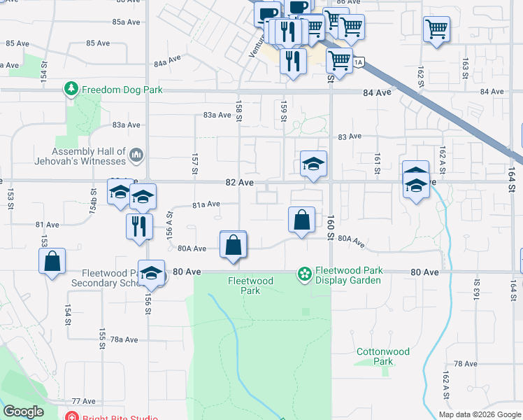 map of restaurants, bars, coffee shops, grocery stores, and more near 15860 82 Avenue in Surrey