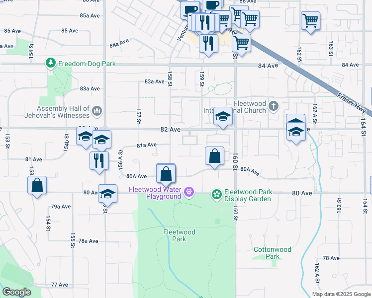 map of restaurants, bars, coffee shops, grocery stores, and more near 15860 82 Avenue in Surrey