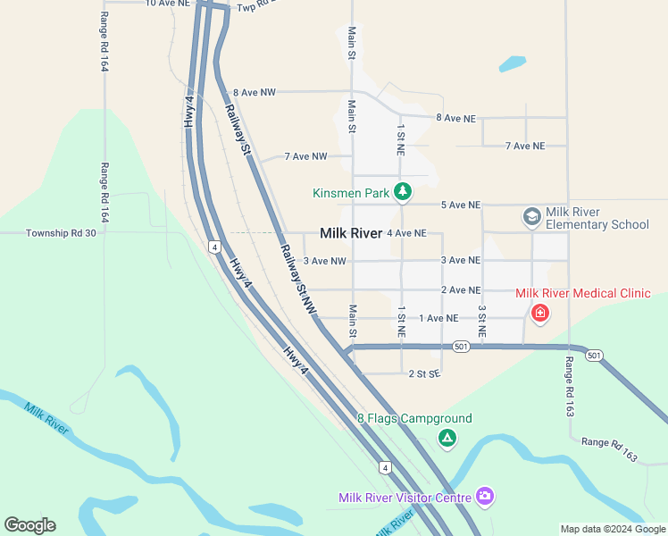 map of restaurants, bars, coffee shops, grocery stores, and more near 108 3 Avenue Northwest in Milk River