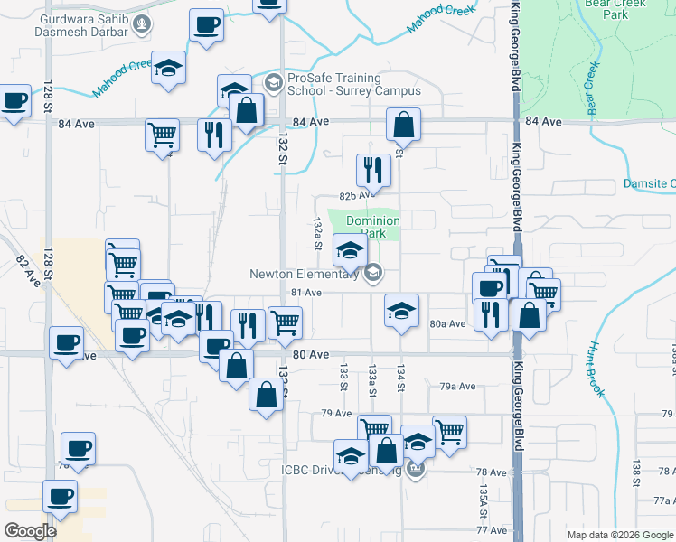 map of restaurants, bars, coffee shops, grocery stores, and more near 13280 81A Avenue in Surrey
