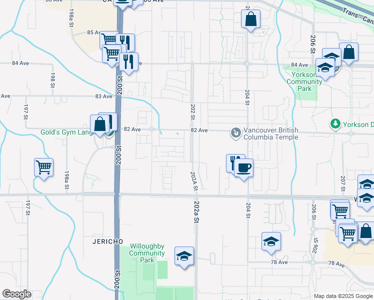 map of restaurants, bars, coffee shops, grocery stores, and more near 8141 202 Street in Langley Township