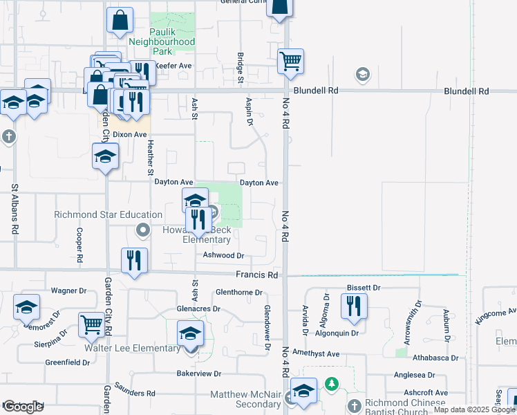 map of restaurants, bars, coffee shops, grocery stores, and more near 9760 Allison Court in Richmond