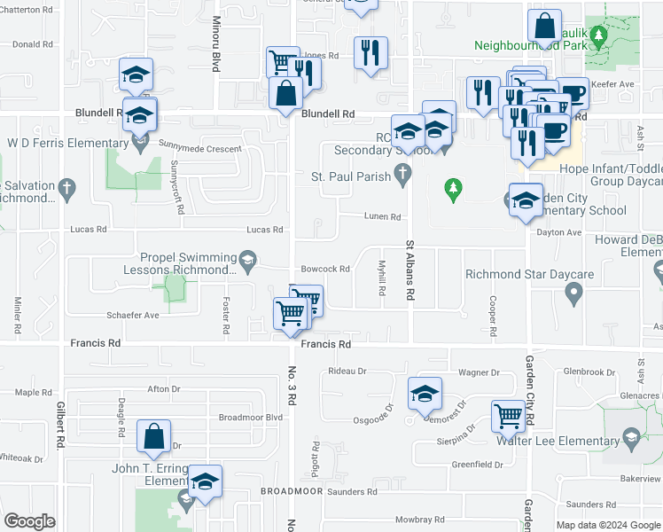 map of restaurants, bars, coffee shops, grocery stores, and more near 8111 Bowcock Road in Richmond
