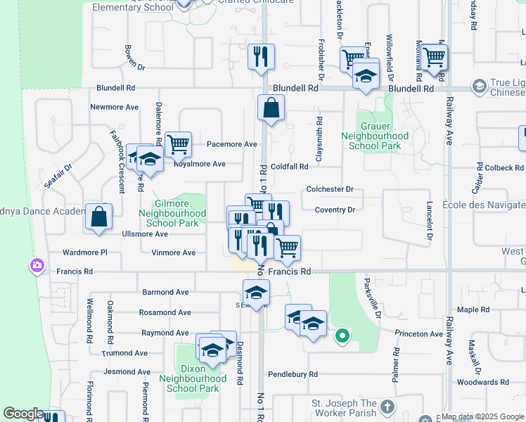 map of restaurants, bars, coffee shops, grocery stores, and more near 8760 No 1 Rd in Richmond