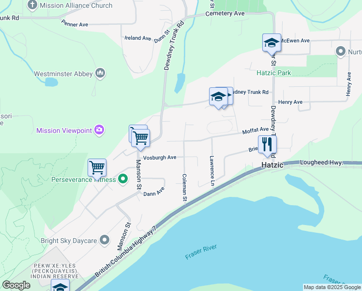map of restaurants, bars, coffee shops, grocery stores, and more near 8187 Coleman Street in Mission