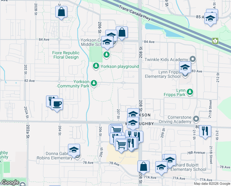 map of restaurants, bars, coffee shops, grocery stores, and more near 8157 207 Street in Langley Township