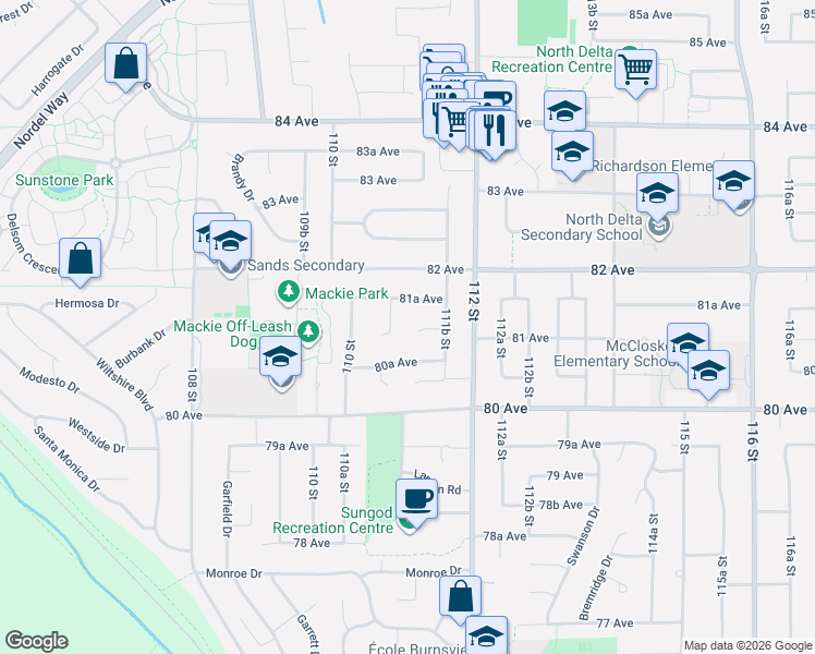 map of restaurants, bars, coffee shops, grocery stores, and more near 11113 81 Avenue in Delta