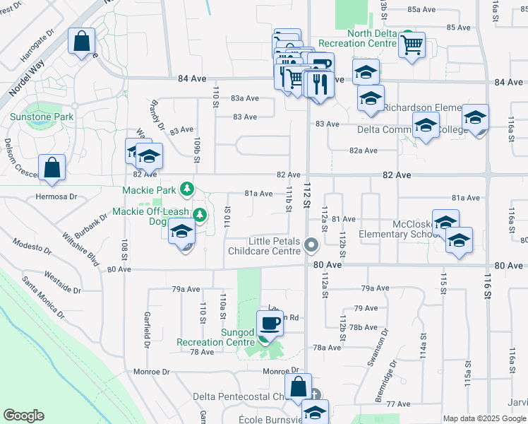 map of restaurants, bars, coffee shops, grocery stores, and more near 11113 81 Avenue in Delta