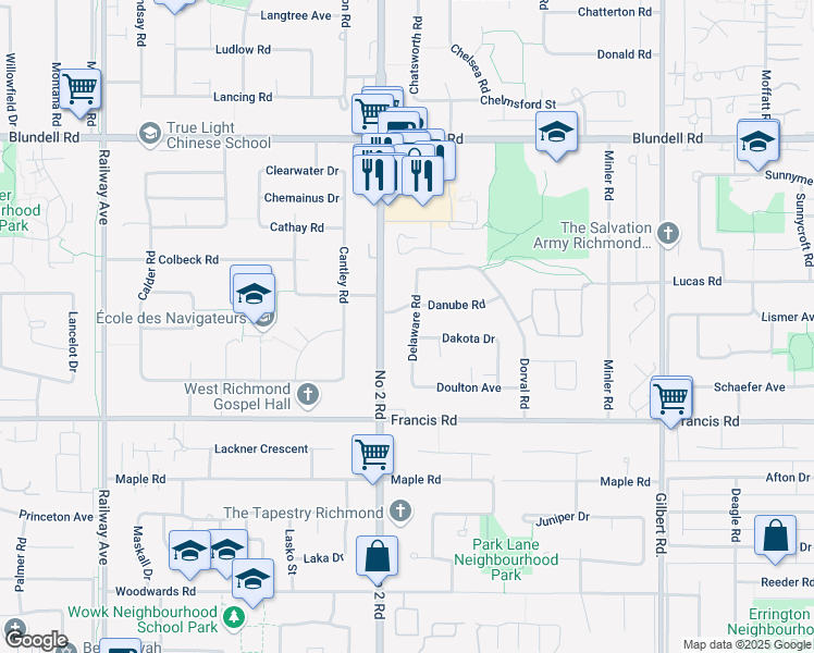 map of restaurants, bars, coffee shops, grocery stores, and more near 8471 Delaware Road in Richmond