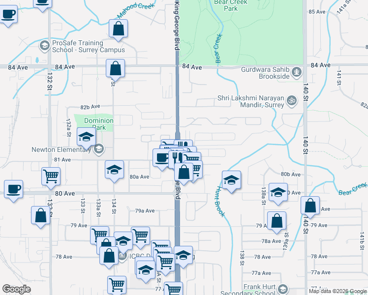 map of restaurants, bars, coffee shops, grocery stores, and more near 13628 81A Avenue in Surrey