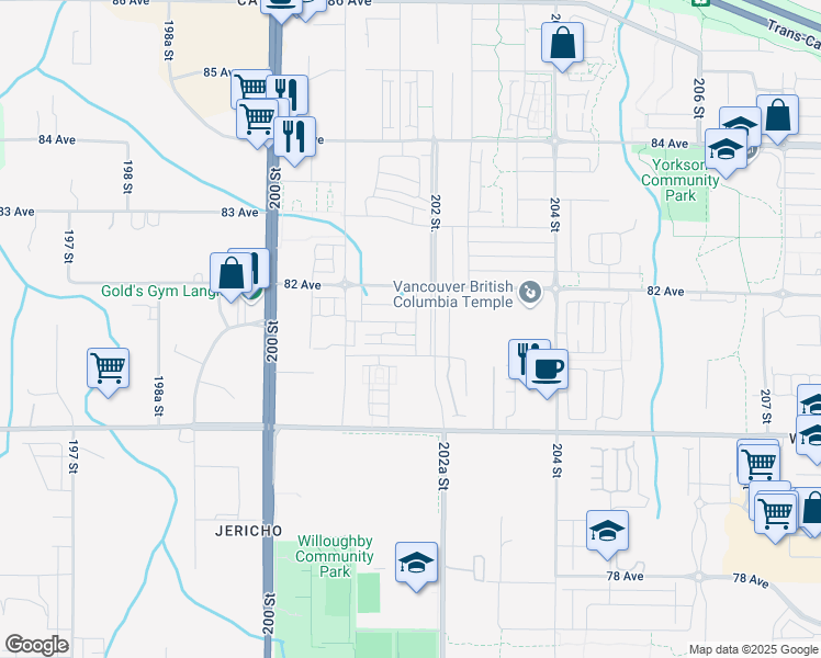 map of restaurants, bars, coffee shops, grocery stores, and more near 20164 81A Avenue in Langley Township